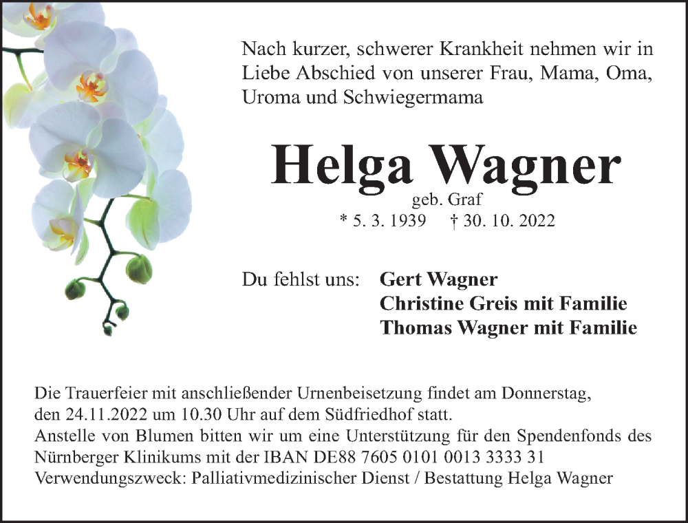  Traueranzeige für Helga Wagner vom 19.11.2022 aus Gesamtausgabe Nürnberger Nachrichten/ Nürnberger Ztg.