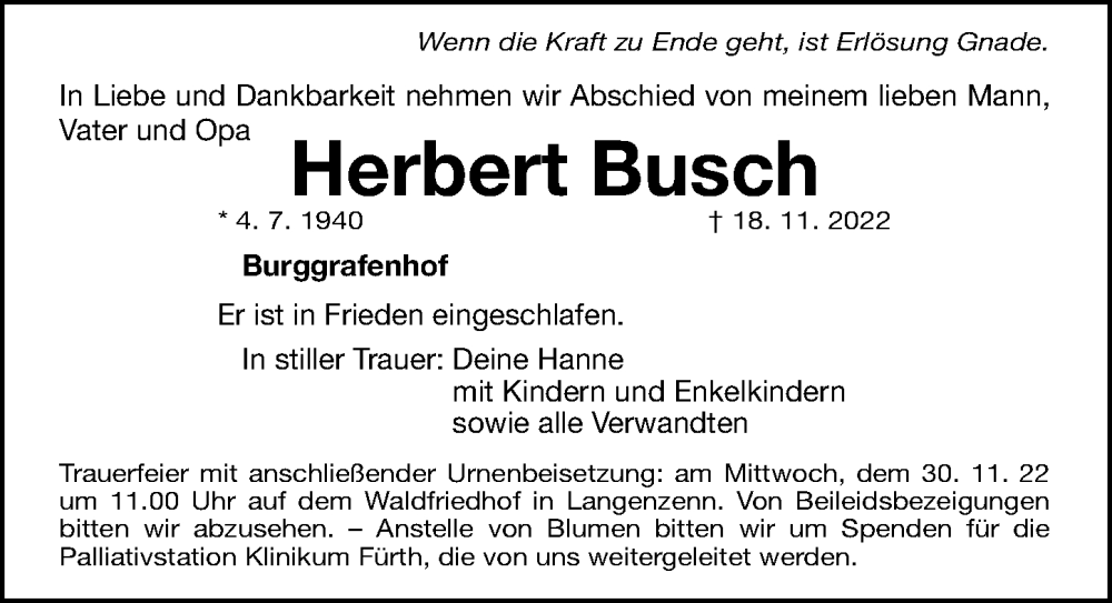  Traueranzeige für Herbert Busch vom 26.11.2022 aus Fürther Nachrichten Lokal