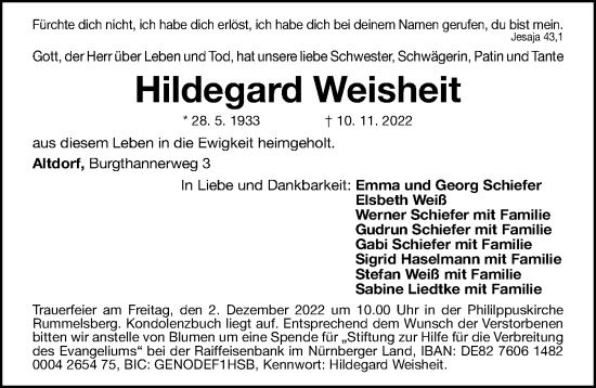 Traueranzeige von Hildegard Weisheit von Gesamtausgabe Nürnberger Nachrichten/ Nürnberger Ztg.