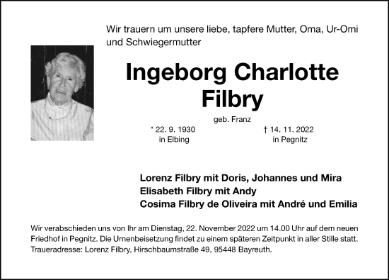 Traueranzeige von Ingeborg Charlotte Filbry von Nordbayerische Nachrichten Pegnitz Lokal