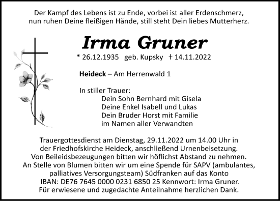 Traueranzeige von Irma Gruner von Roth-Hilpoltsteiner Volkszeitung Lokal