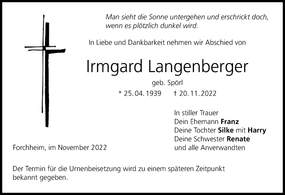  Traueranzeige für Irmgard Langenberger vom 26.11.2022 aus Nordbayerische Nachrichten Forchheim Lokal