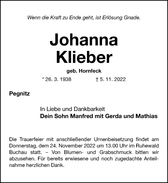 Traueranzeige von Johanna Klieber von Nordbayerische Nachrichten Pegnitz Lokal