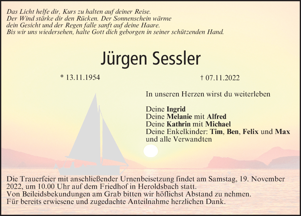  Traueranzeige für Jürgen Sessler vom 18.11.2022 aus Nordbayerische Nachrichten Forchheim Lokal