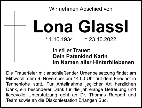 Traueranzeige von Lona Glassl von Erlanger Nachrichten Lokal