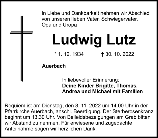 Traueranzeige von Ludwig Lutz von Nordbayerische Nachrichten Pegnitz Lokal