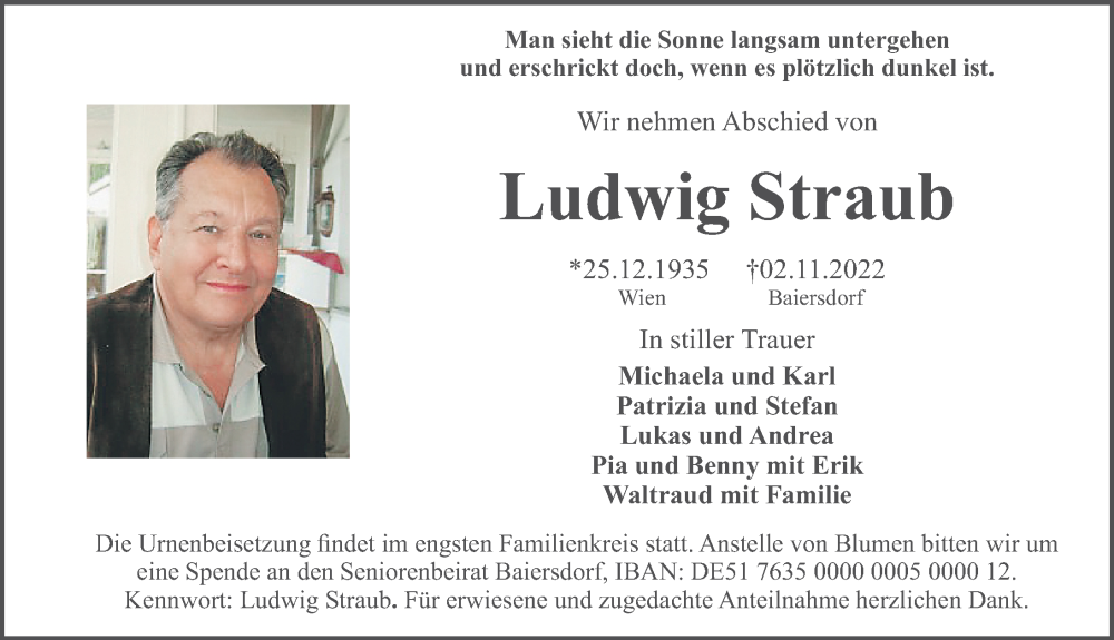  Traueranzeige für Ludwig Straub vom 19.11.2022 aus Erlanger Nachrichten Lokal
