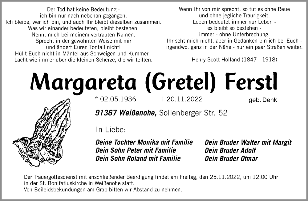  Traueranzeige für Margareta Ferstl vom 23.11.2022 aus Nordbayerische Nachrichten Forchheim Lokal