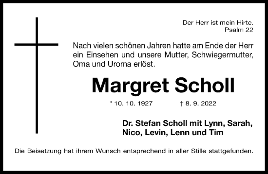 Traueranzeige von Margret Scholl von Erlanger Nachrichten Lokal