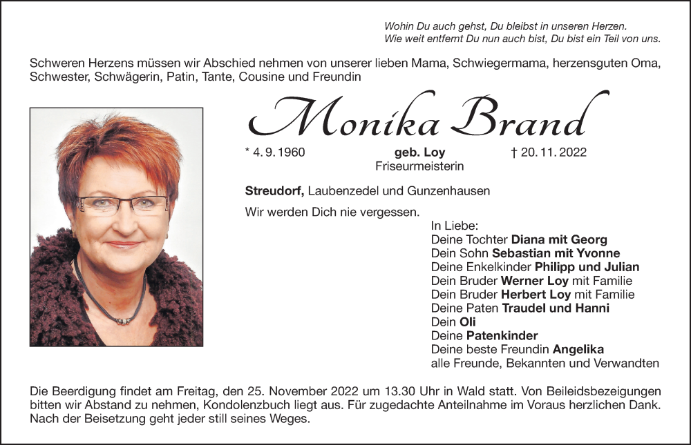  Traueranzeige für Monika Brand vom 23.11.2022 aus Altmühl-Bote Lokal