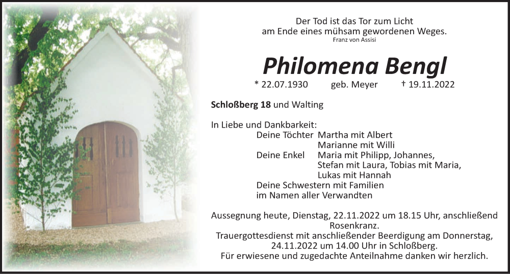  Traueranzeige für Philomena Bengl vom 22.11.2022 aus Roth-Hilpoltsteiner Volkszeitung Lokal