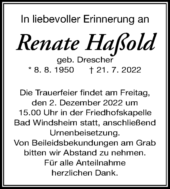 Traueranzeige von Renate Haßold von Gesamtausgabe Nürnberger Nachrichten/ Nürnberger Ztg.