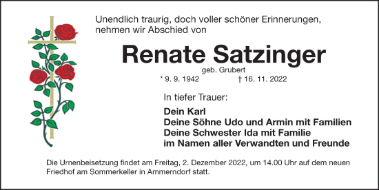 Traueranzeige von Renate Satzinger von Fürther Nachrichten Lokal