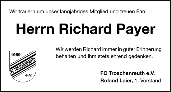 Traueranzeige von Richard Payer von Nordbayerische Nachrichten Pegnitz Lokal