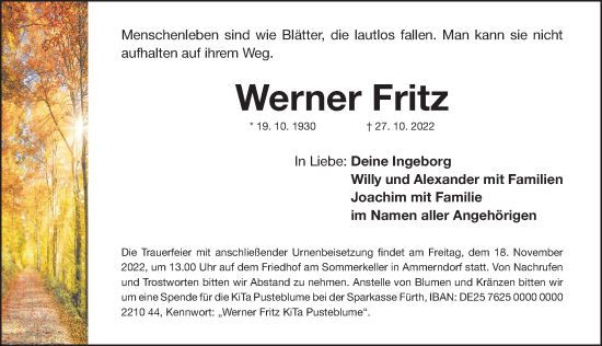 Traueranzeige von Werner Fritz von Fürther Nachrichten Lokal