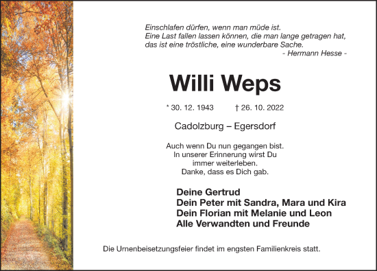 Traueranzeige von Willi Weps von Fürther Nachrichten Lokal