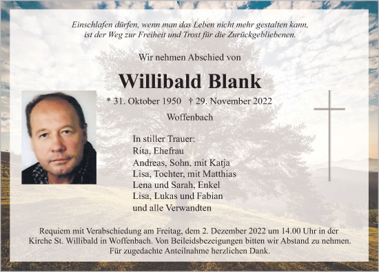 Traueranzeige von Willibald Blank von Neumarkter Nachrichten Lokal