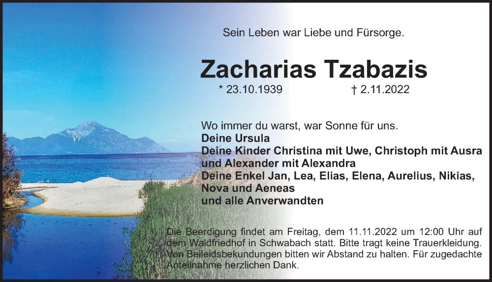  Traueranzeige für Zacharias Tzabazis vom 05.11.2022 aus Schwabacher Tagblatt Lokal