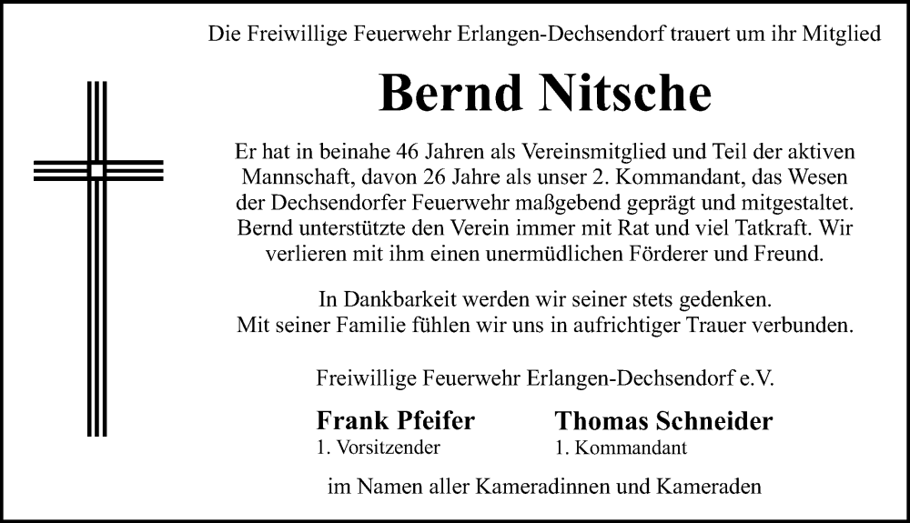  Traueranzeige für Bernd Nitsche vom 29.12.2022 aus Erlanger Nachrichten Lokal