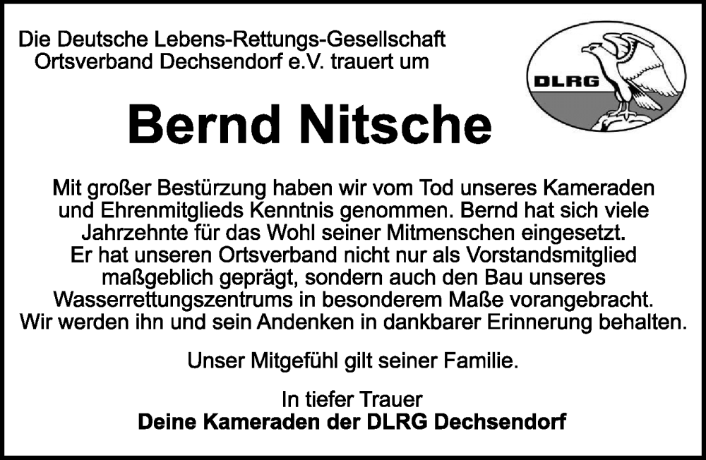  Traueranzeige für Bernd Nitsche vom 29.12.2022 aus Erlanger Nachrichten Lokal