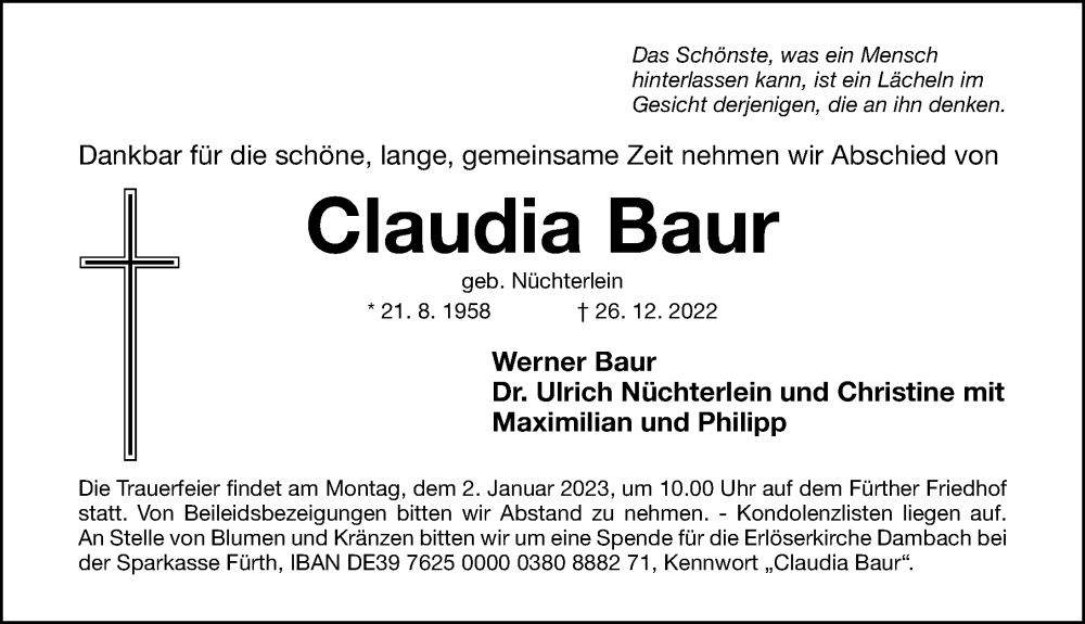  Traueranzeige für Claudia Baur vom 31.12.2022 aus Fürther Nachrichten Lokal