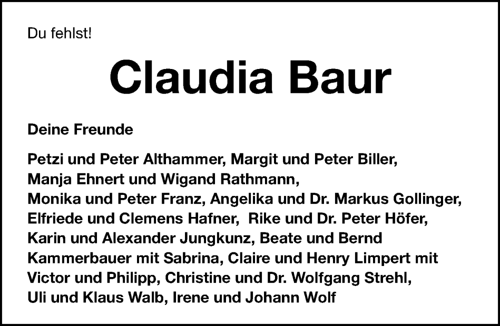  Traueranzeige für Claudia Baur vom 31.12.2022 aus Fürther Nachrichten Lokal