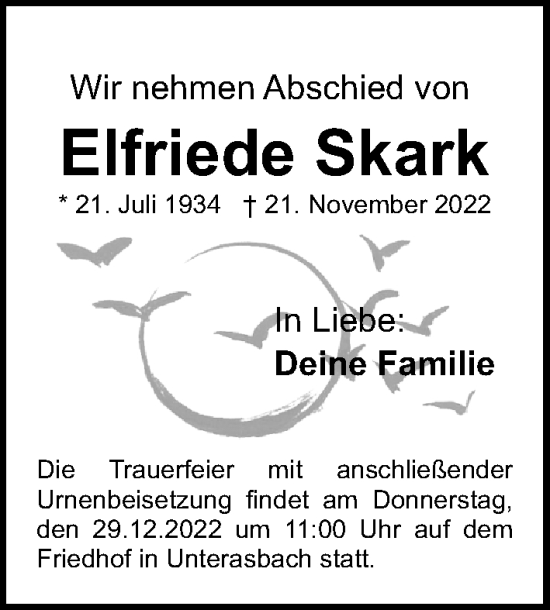 Traueranzeige von Elfriede Skark von Gesamtausgabe Nürnberger Nachrichten/ Nürnberger Ztg.