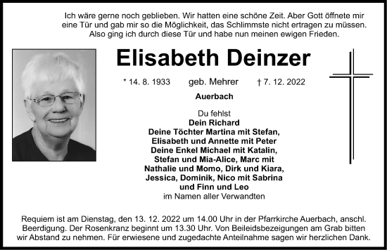 Traueranzeige von Elisabeth Deinzer von Nordbayerische Nachrichten Pegnitz Lokal