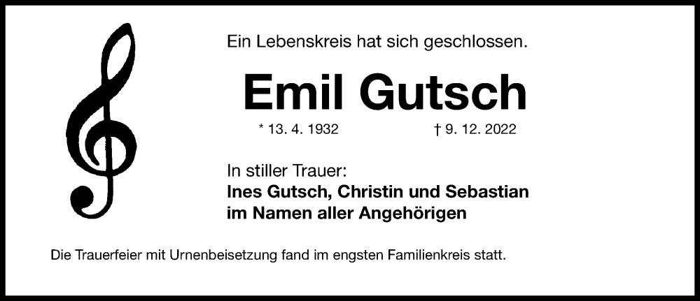  Traueranzeige für Emil Gutsch vom 28.12.2022 aus Weißenburger Tagblatt u.Treuchtlinger Kurier Lokal