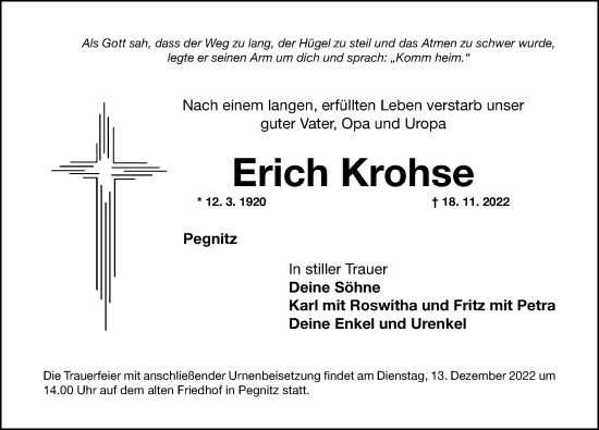 Traueranzeige von Erich Krohse von Nordbayerische Nachrichten Pegnitz Lokal