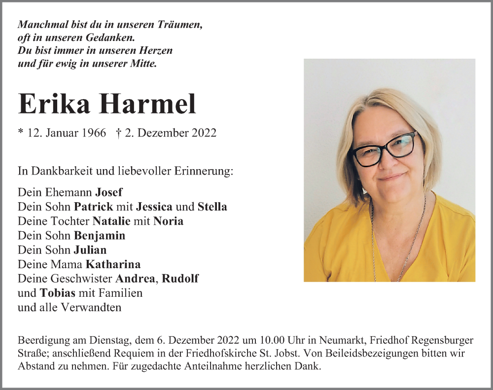  Traueranzeige für Erika Harmel vom 05.12.2022 aus Neumarkter Nachrichten Lokal