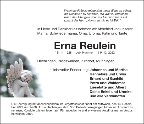 Traueranzeige von Erna Reulein von Altmühl-Bote Lokal