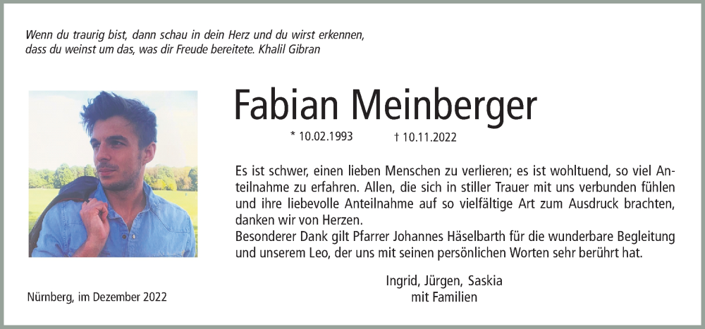  Traueranzeige für Fabian Meinberger vom 10.12.2022 aus Gesamtausgabe Nürnberger Nachrichten/ Nürnberger Ztg.