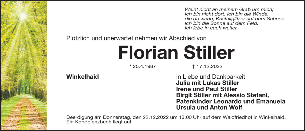  Traueranzeige für Florian Stiller vom 20.12.2022 aus Gesamtausgabe Nürnberger Nachrichten/ Nürnberger Ztg.