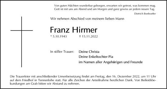 Traueranzeige von Franz Hirmer von Erlanger Nachrichten Lokal