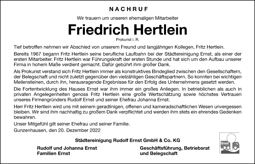  Traueranzeige für Friedrich Hertlein vom 24.12.2022 aus Altmühl-Bote Lokal
