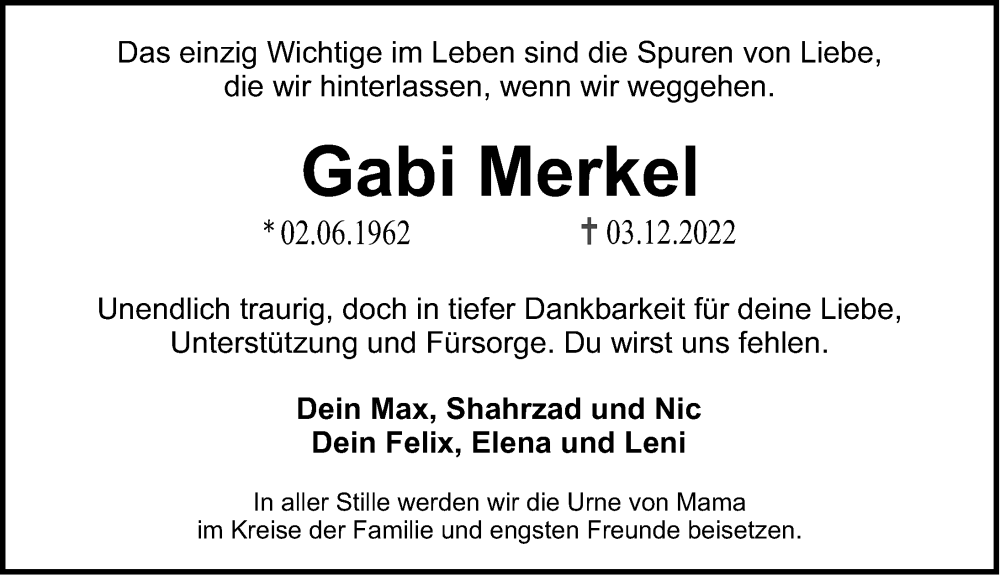  Traueranzeige für Gabi Merkel vom 10.12.2022 aus Erlanger Nachrichten Lokal