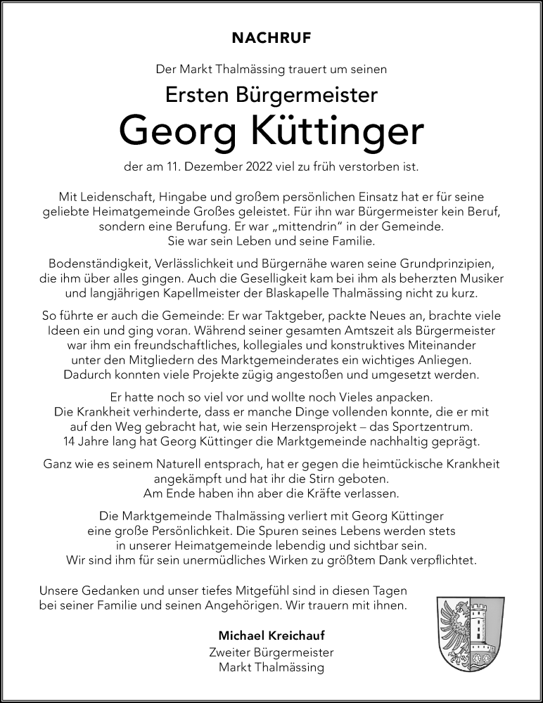  Traueranzeige für Georg Küttinger vom 14.12.2022 aus Roth-Hilpoltsteiner Volkszeitung Lokal