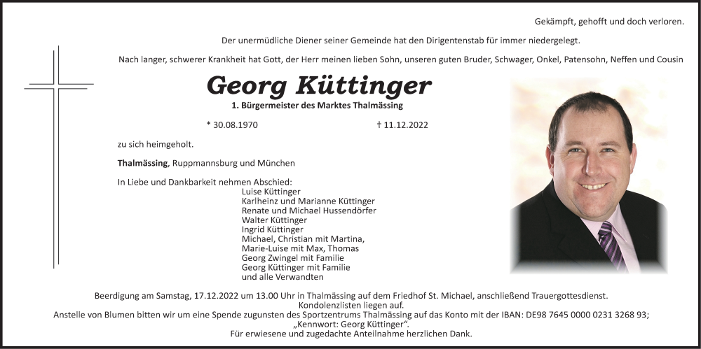  Traueranzeige für Georg Küttinger vom 14.12.2022 aus Roth-Hilpoltsteiner Volkszeitung Lokal