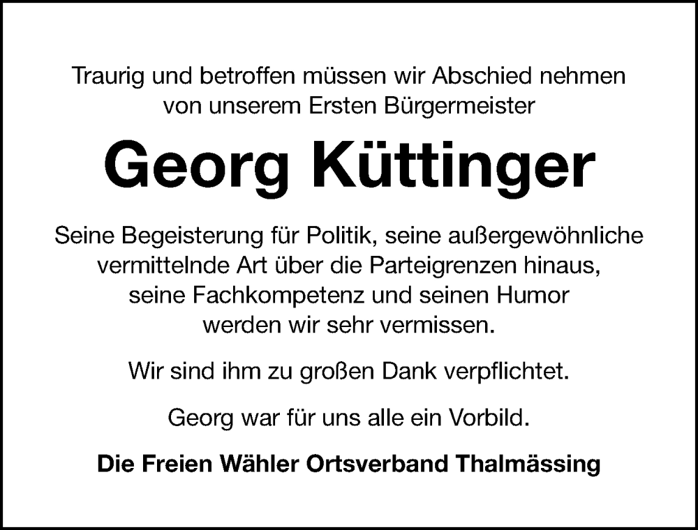  Traueranzeige für Georg Küttinger vom 16.12.2022 aus Roth-Hilpoltsteiner Volkszeitung Lokal