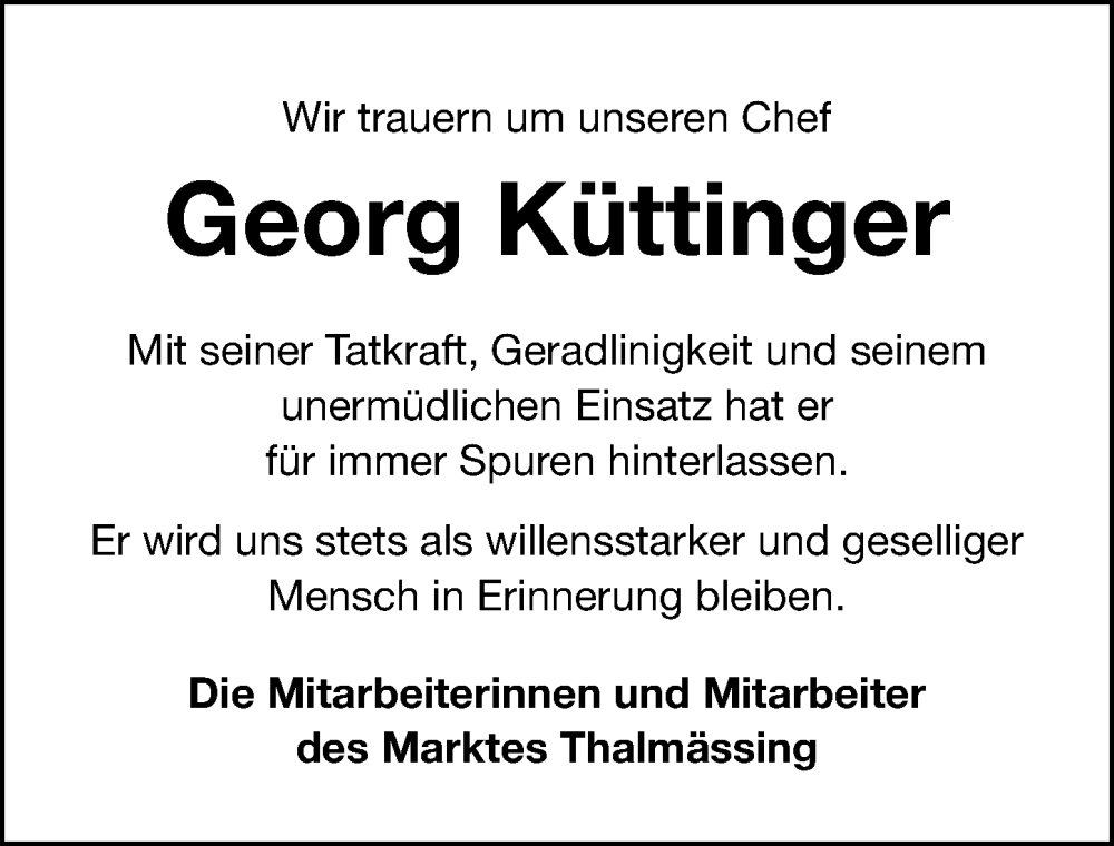  Traueranzeige für Georg Küttinger vom 15.12.2022 aus Roth-Hilpoltsteiner Volkszeitung Lokal