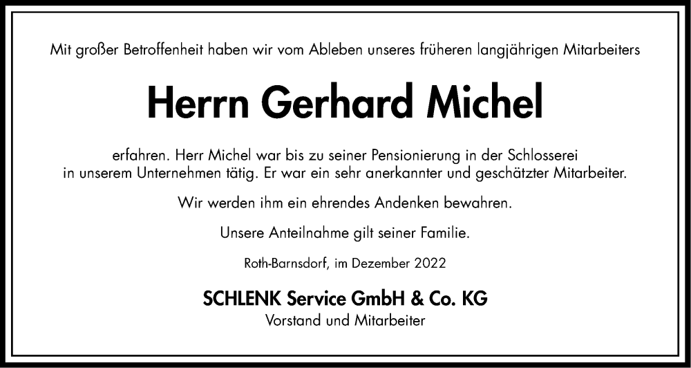  Traueranzeige für Gerhard Michel vom 17.12.2022 aus Roth-Hilpoltsteiner Volkszeitung Lokal