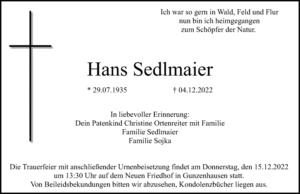  Traueranzeige für Hans Sedlmaier vom 13.12.2022 aus Altmühl-Bote Lokal