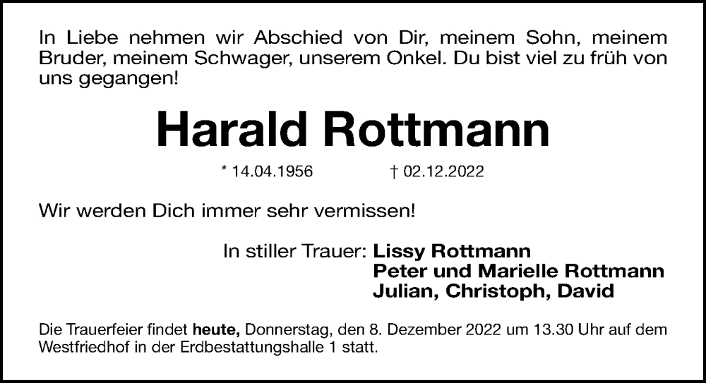  Traueranzeige für Harald Rottmann vom 08.12.2022 aus Gesamtausgabe Nürnberger Nachrichten/ Nürnberger Ztg.