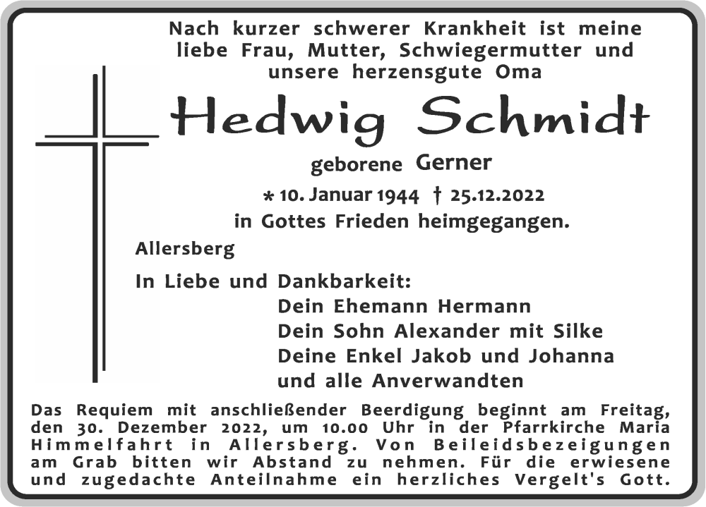  Traueranzeige für Hedwig Schmidt vom 29.12.2022 aus Roth-Hilpoltsteiner Volkszeitung Lokal