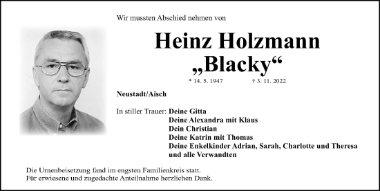 Traueranzeige von Heinz Holzmann von Gesamtausgabe Nürnberger Nachrichten/ Nürnberger Ztg.