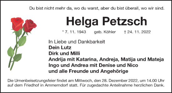 Traueranzeige von Helga Petzsch von Fürther Nachrichten Lokal