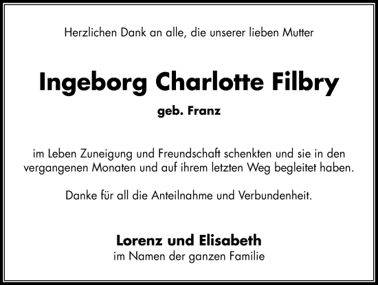 Traueranzeige von Ingeborg Charlotte Filbry von Nordbayerische Nachrichten Pegnitz Lokal