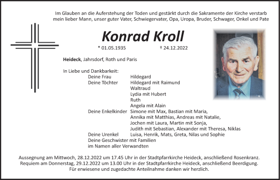 Traueranzeige von Konrad Kroll von Roth-Hilpoltsteiner Volkszeitung Lokal