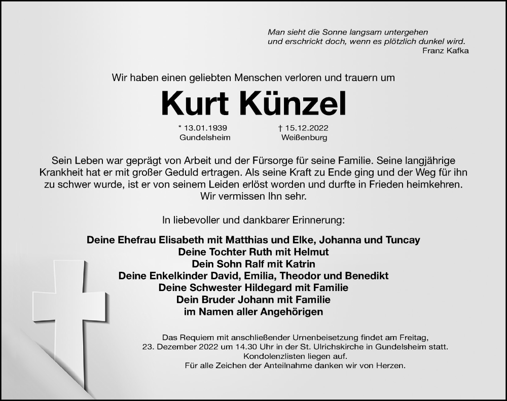 Traueranzeigen Von Kurt Künzel 